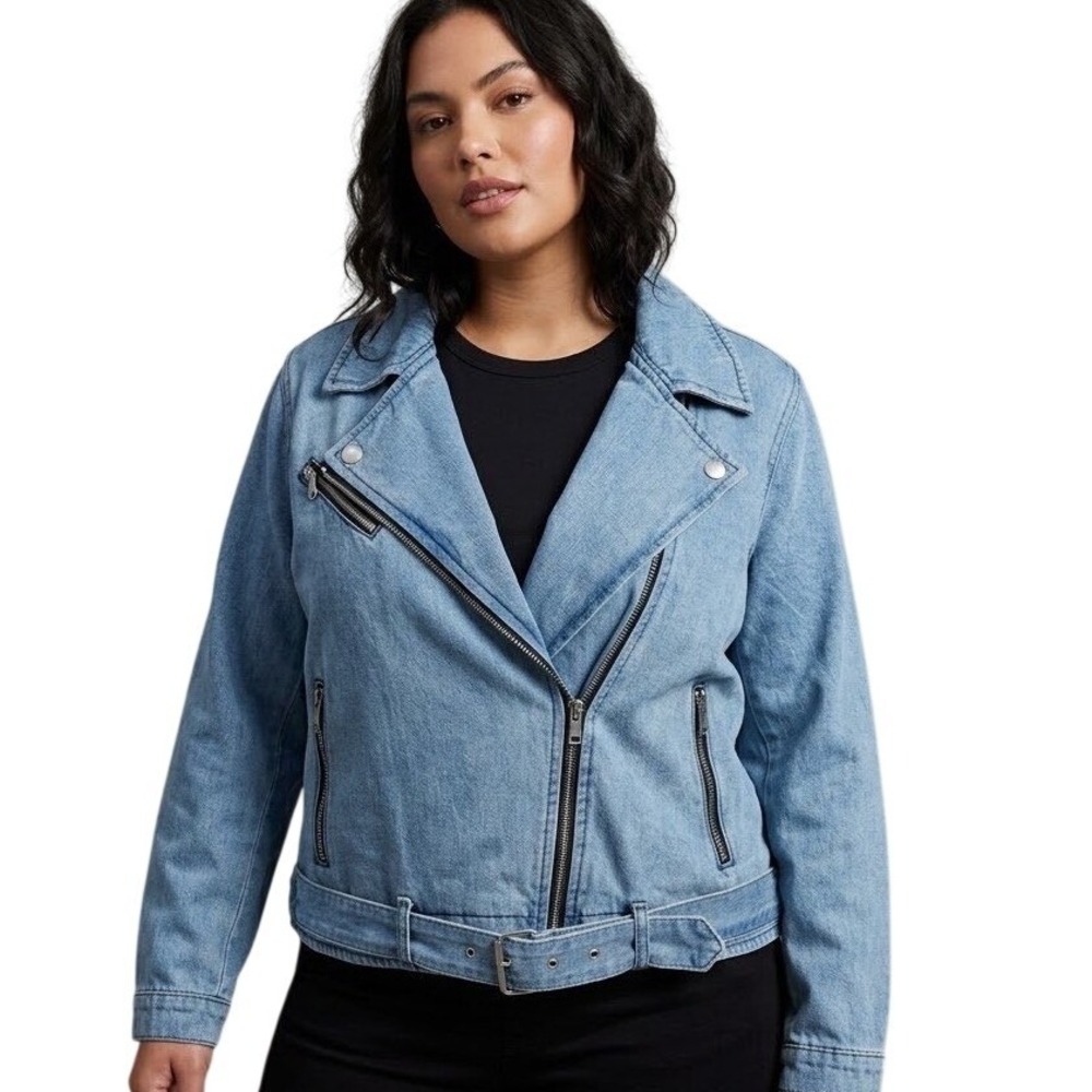 Ashley Stewart Light Wash Denim Moto Jacket Asymmetrical Zip Biker Plus Sz 14/16